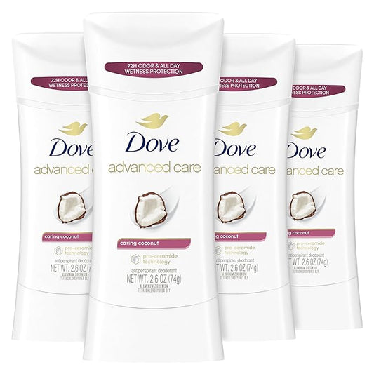 Dove Advanced Care Antiperspirant Deodorant Stick Caring Coconut 4 ct for helping your skin barrier repair after shaving 72-hour odor control and sweat protection with Pro-Ceramide Technology 2.6 oz