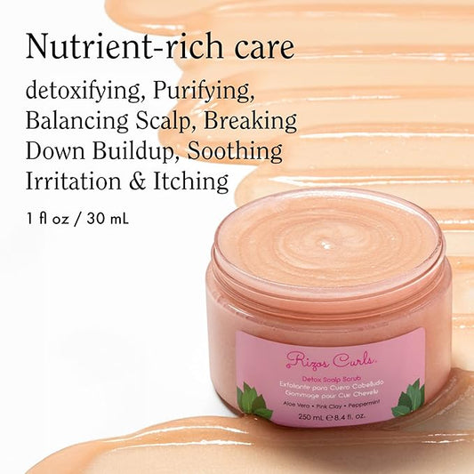 Rizos Curls Detox Scalp Scrub, Exfoliates to Remove Buildup & Excess Oil, Soothes Itchy Scalp, Detoxifying & Clarifying with Pink Clay, Aloe Vera & Peppermint Oil, All Hair Types 1a - 4c, 8.4 oz