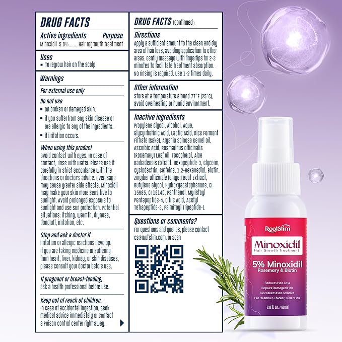 Women's 5% Minoxidil Spray for Hair Growth: RootStim Extra Strength Minoxidil with Rosemary & Biotin for Thinning Hair Regrowth and Fuller Hair 60 ML