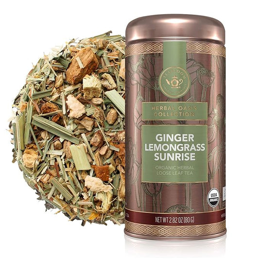Teabloom Organic Herbal Tea, Ginger Lemongrass Sunrise Loose Leaf Tea, Sweet and Soothing, USDA and EU Certified Organic, Fresh Whole Leaf Blend in Reusable Gift Canister, 2.82 oz/80 g Canister Makes 35-50 Cups