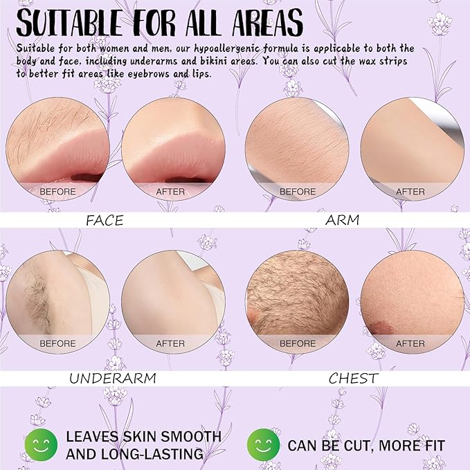 Wax Strips for Hair Removal - 60 Count (40 Body + 20 Face Strips) with 10 Soothing Oil Wipes, At-Home Waxing Kit for Women & Men - Legs, Bikini, Underarms, Face (60 PCS, Lavender)