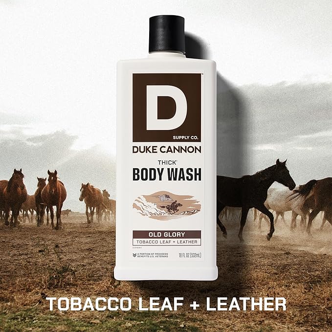 Duke Cannon Supply Co. Thick High Viscosity Body Wash – 3X Thicker, Cleansing Shower and Bath Gel, Mineral-Enriched for Men – Tobacco Leaf + Leather - Men’s Body Scrub – Old Glory Scent
