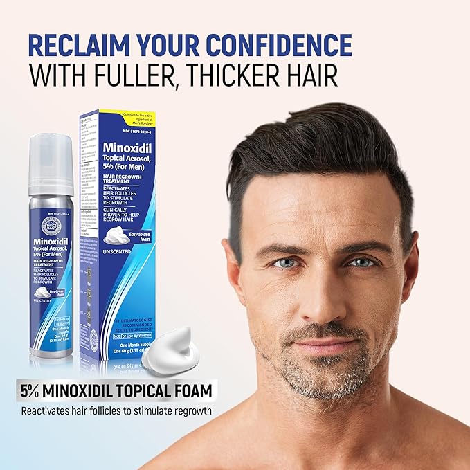 Minoxidil topical aerosol foam, 5%, hair regrowth 2 months treatment for men, 2.11 oz (2 Pack)