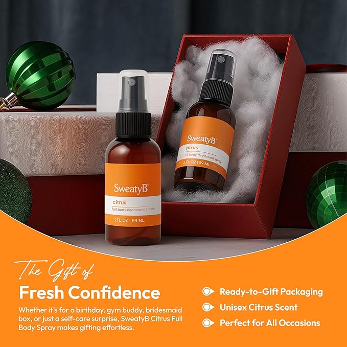 SweatyB® deodorant spray - Odor Protection with whole body deodorant for women & men - Travel Size, Skin-Safe, Vegan & Made in USA - Citrus body spray - 2 Oz