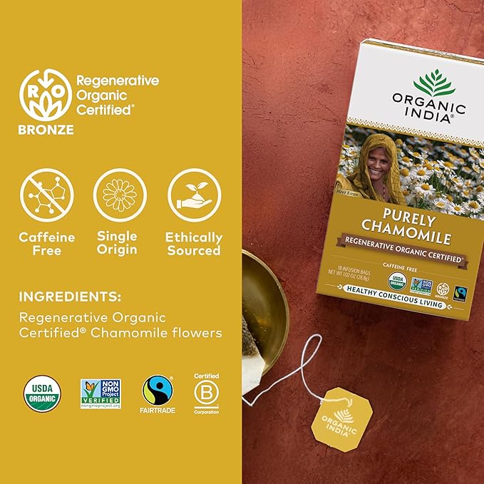 Organic India Purely Chamomile Tea- Regenerative Organic Chamomile Flowers, Caffeine Free, Calming & Relaxing Herbal Tea, Natural Support for Sleep & Relaxation- 18 Tea Bags, Pack of 3