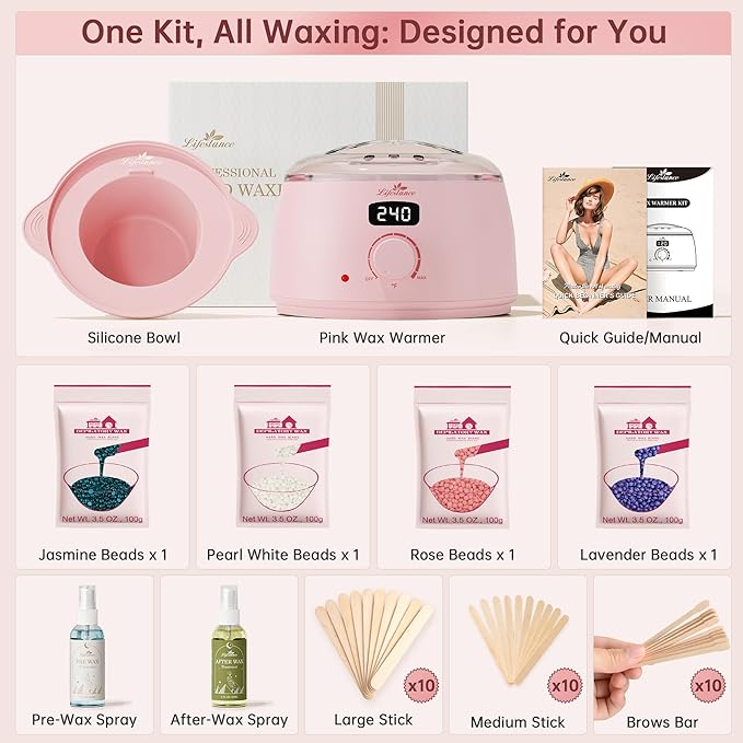 Lifestance Waxing Kit for Women & Men - Pink L3 Digital Warmer, Silicone Wax Pot Liner, Hair Removal Kit with 14.1oz Hard Wax Beads & Oil Spray, Professional for Home Brazilian Bikini Face Leg Body