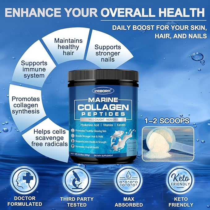 ZEBORA Marine Collagen Peptides Powder with Hyaluronic Acid, Keratin - Wild Caught Hydrolyzed Fish Collagen with Multivitamins - Support Skin Hair Nail, Keto Friendly, 35 Servings
