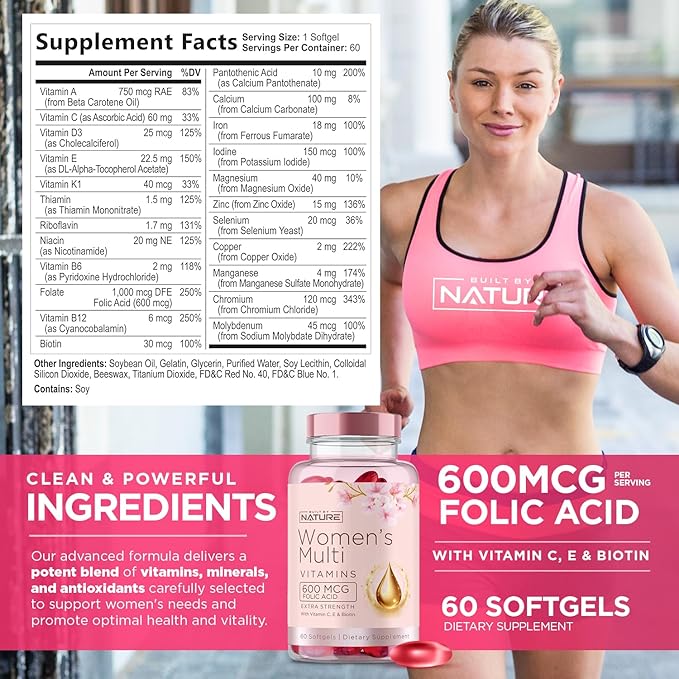 Built by Nature Vitamins for Women – Women's Complete Daily Multivitamin Supplement with A, B, C, D, E, Iron, Calcium, Magnesium and Multi Minerals – Wellness & Immune Health Support - 60 Softgels