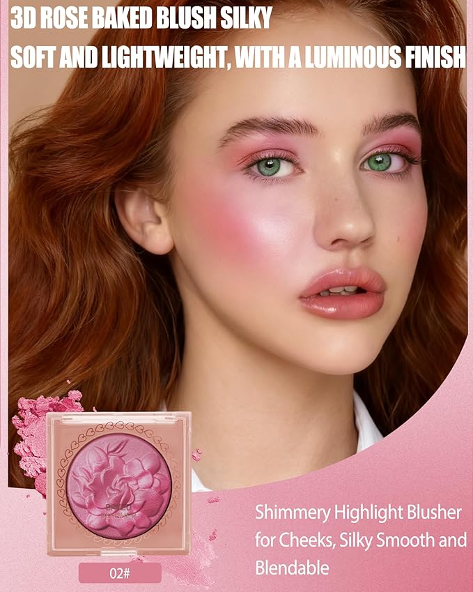 Baked Powder Blush, Lightweight Shimmery Highlight Blusher for Cheeks, Silky Smooth and Blendable Powder Blush Palette, Long-lasting All-Day Face Enhancing Makeup Color, Makeup Gift for Women Girls-02