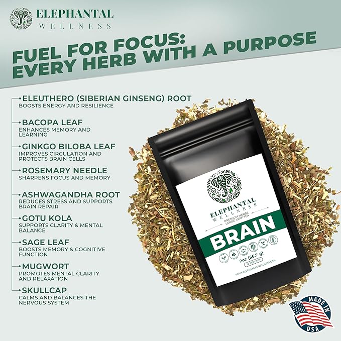 Elephantal Wellness Premium Brain Herbal Tea | Nootropic Focus & Mental Clarity with Ginkgo, Bacopa, Gotu Kola & Rosemary | Non-GMO, Caffeine-Free Coffee Alternative, Handmade Loose Leaf Blend, 2oz Loose Leaf, 20 Servings