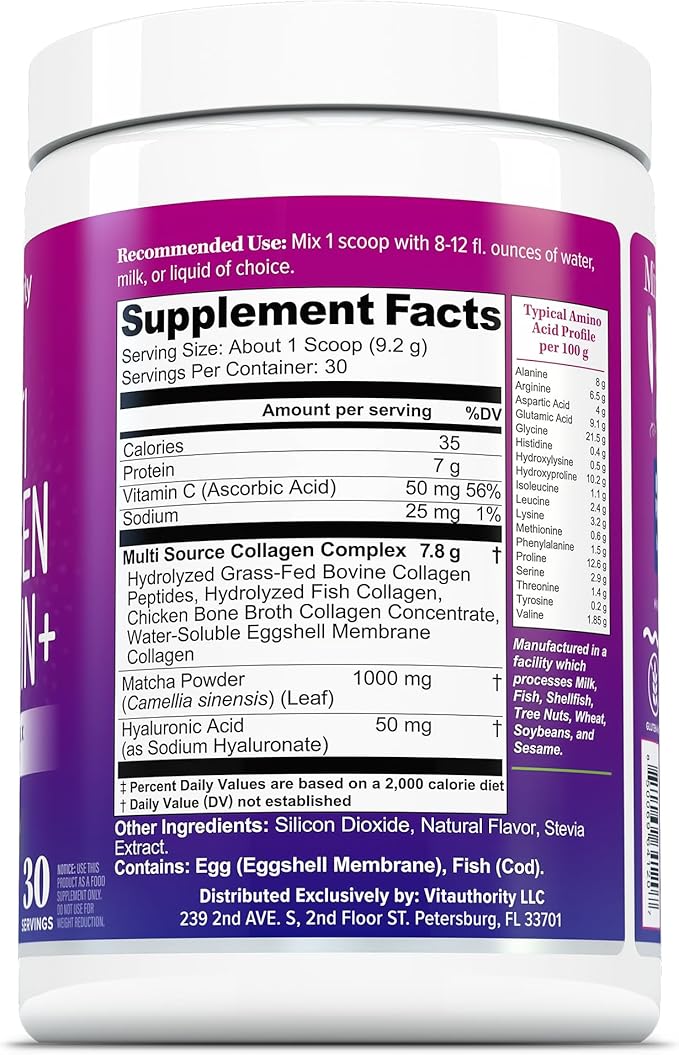 Muti Collagen Protein Powder Multi Collagen Peptides Powder for Women -Types I II III V & X Vitamin C & Hyaluronic Acid for Hair Skin and Nails Matcha Flavored - 30 Servings