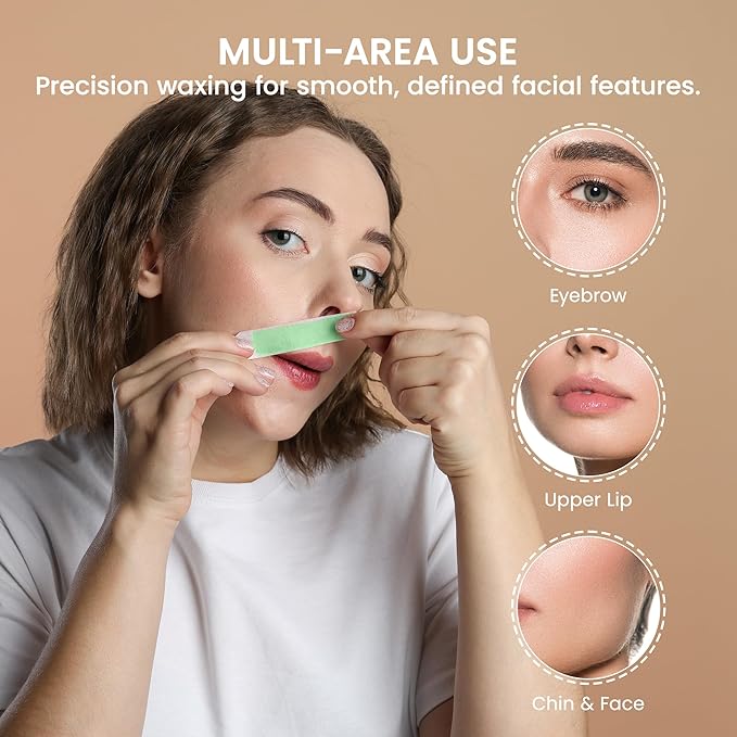 Facial Wax Strips for Hair Removal: Fast Working and Gentle for Face, Eyebrow, Upper Lip, Chin - Hypoallergenic for All Skin Types 50 Waxing Strips with 5 Wipes