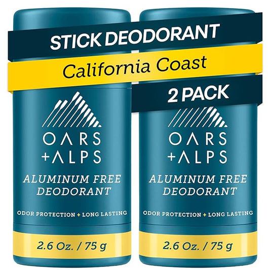 Oars + Alps Deodorant for Men & Women, Aluminum Free Deodorant for Men, Dermatologist Tested, Clean Ingredients, Vegan, Long Lasting, Odor Protection, California Coast, 2pk, 2.6oz