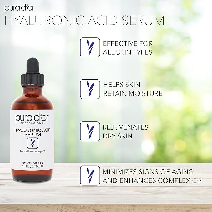 PURA D'OR 3.3 Oz Hyaluronic Acid Serum For Deep Hydration - Anti-Aging, Plumping & Moisturizing Formula For Smooth, Supple Skin - Natural Skincare Boost - Fine Lines & Wrinkle Reducer - Travel Size