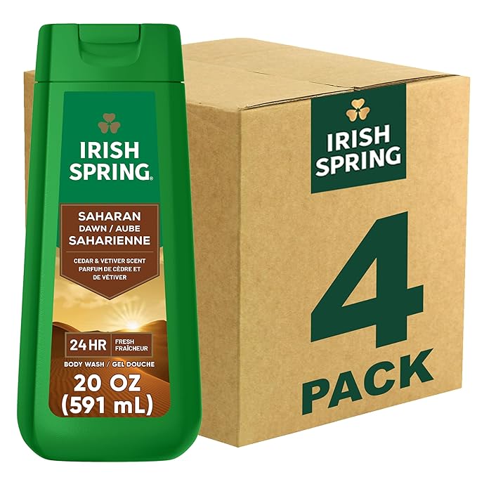 Irish Spring Saharan Dawn Moisturizing Body Wash for Men, 24 Hour Fresh, Face and Body Wash, Paraben Free, Cedar and Vetiver Scent, 20 fl oz Bottle (Pack of 4)