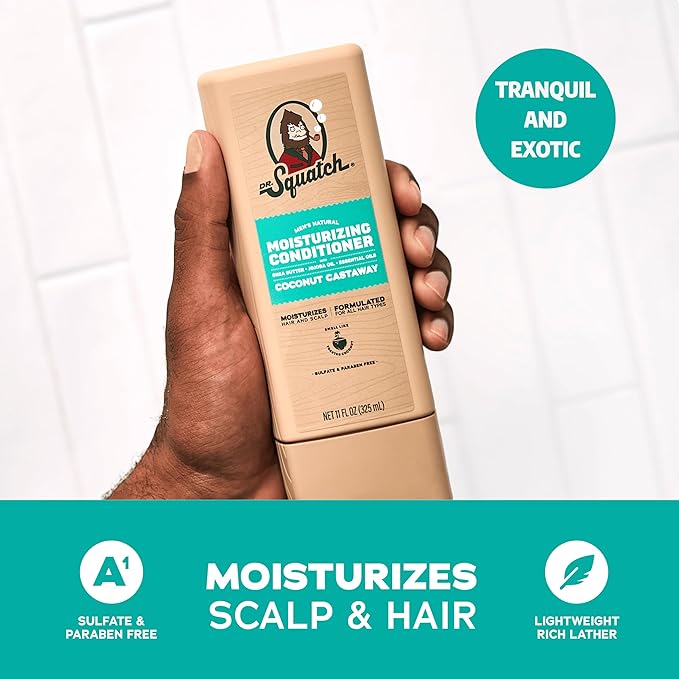 Dr. Squatch Natural Hair Bundle for Men - Healthy, Full Looking Hair - Coconut Castaway Shampoo (8 fl oz), Coconut Castaway Conditioner (11.5 fl oz)