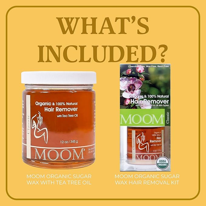 MOOM Traveling Waxing Kit - 12 oz Jar of Organic Sugar Wax with Tea Tree Oil, 6oz Travel Jar, 18 Reusable Strips & 4 Wax Application Stick - Waxing For Bikini, Face, Underarms & Legs On The Go