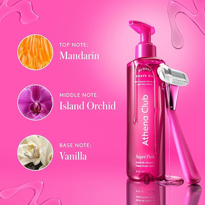 Athena Club Glossy Shave Oil for Women | Super Pink | 8 fl. oz. | Skincare Meets Shave | Luxuriously Smooth Skin | Sensitive-Skin Friendly | Silky Glide | Moisturizing Care