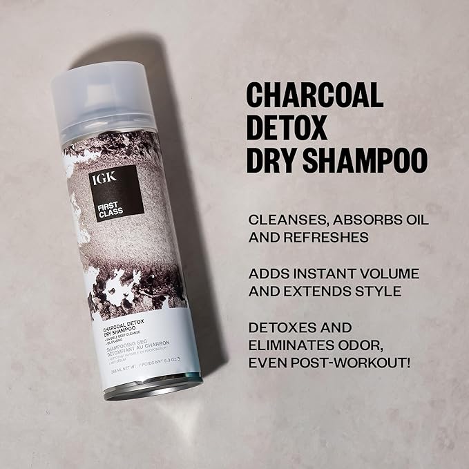 IGK First Class Charcoal Detox Dry Shampoo | Deep Cleansing, Oil & Odor Absorbing | Adds Volume & Texture | For All Hair Types | 6.3 oz