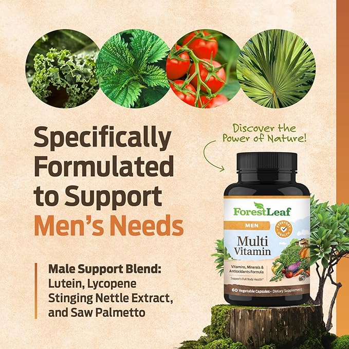 ForestLeaf Daily Vitamin Multivitamin for Men, Multi-Vitamin for Men - Mens Multivitamins & Multiminerals Supplement | All Essential Vitamins Needed for Health, Longevity & Energy | 60 Veg Caps