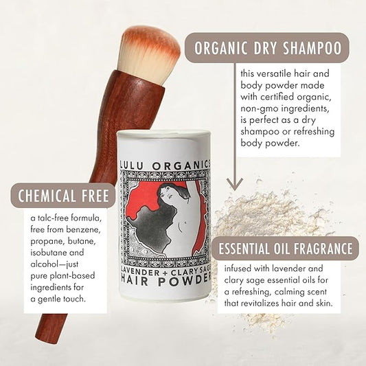 Non Aerosol Dry Shampoo Powder for Dark, Blonde and Oily Hair, All Natural Organic Hair and Body Powder, Paraben &Talc free No White Cast Synthetic Fragrance, Travel Size, Lavender & Clary Sage -1oz