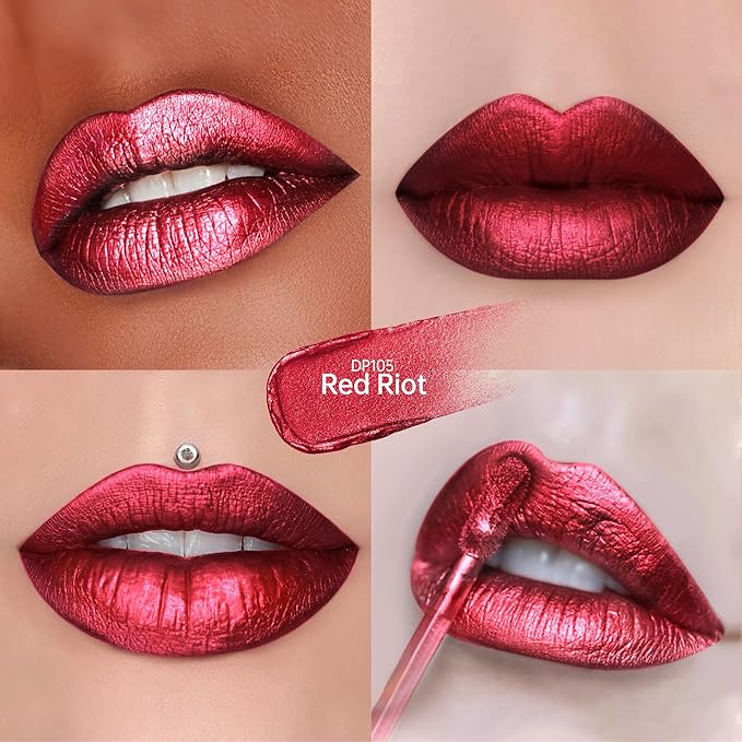 Red Lipsticks for Women Metallic Lipstick Long Lasting Non Stick Cup Lip Gloss, Metal Shine Lightweight Hydrating Full Coverage Lip Color, DP105 Red Riot
