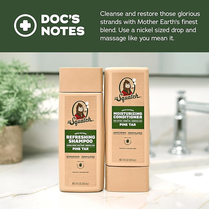 Dr. Squatch Natural Hair Bundle for Men - Healthy, Full Looking Hair - Pine Tar Shampoo (8 fl oz), Pine Tar Conditioner (11.5 fl oz)