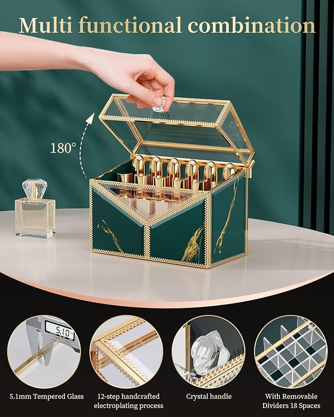 Glass Lipstick Organizer, 18-Slot Green Vanity Makeup Holder for Lipsticks & Nail Polish, Removable Dividers, Vintage Cosmetic Storage Display Box