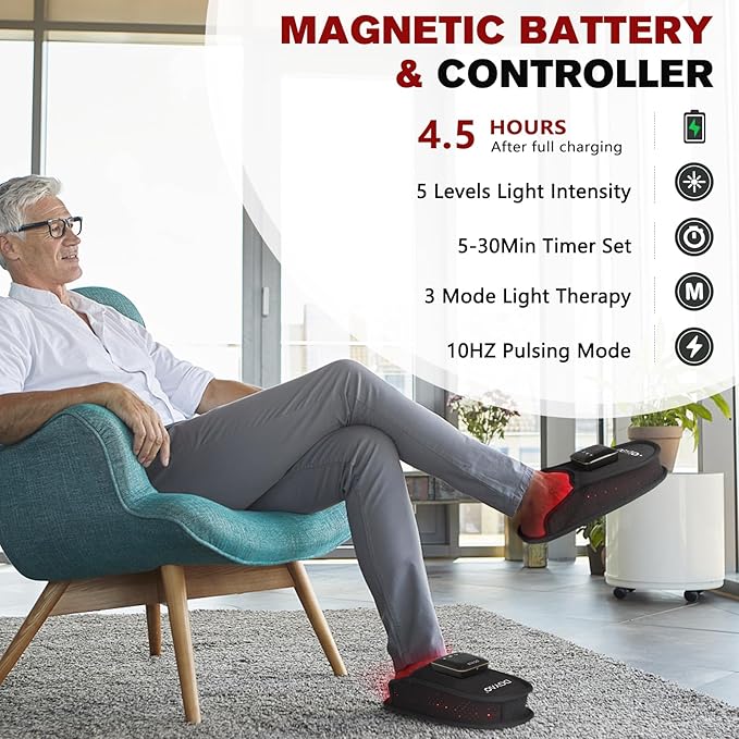 Cordless Rechargeable Red Infrared Light Therapy for Feet Pain Relief FDA Cleared Slipper LED Light Therapy Pad Device for Foot Toes Instep Heel Home Travel Use