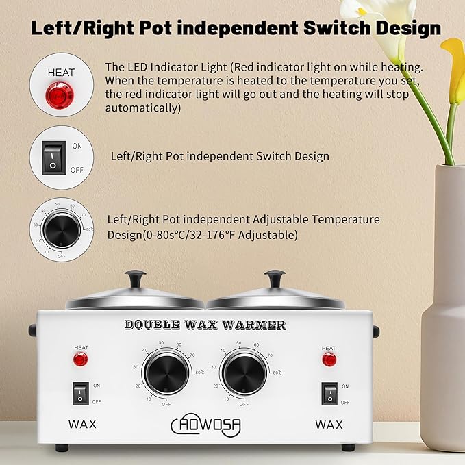 Double Professional Electric Wax Warmer with Dual Pots for Hair Removal, Paraffin Facial, Skin, and Body Spa - Adjustable Temperature, Includes 100 Wax Sticks