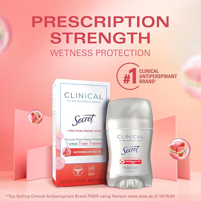 Secret Clinical Strength Antiperspirant Deodorant for Women, 3X Stress Protection, 72hr Sweat & Odor Protection, Pro-Hyaluronic Acid, Invisible Solid, Watermelon Summer Fizz Scent, 1.6 oz