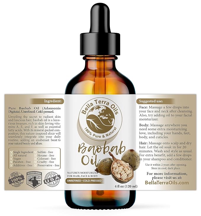 Bella Terra Oils - Baobab Oil 4oz - Luxurious Oil with Palmitic & Linoleic Acid, Perfectly Blended Nature's Bounty for a Glowing Skin