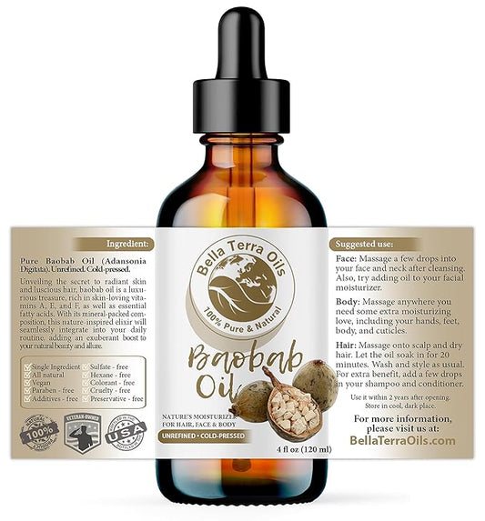 Bella Terra Oils - Baobab Oil 4oz - Luxurious Oil with Palmitic & Linoleic Acid, Perfectly Blended Nature's Bounty for a Glowing Skin