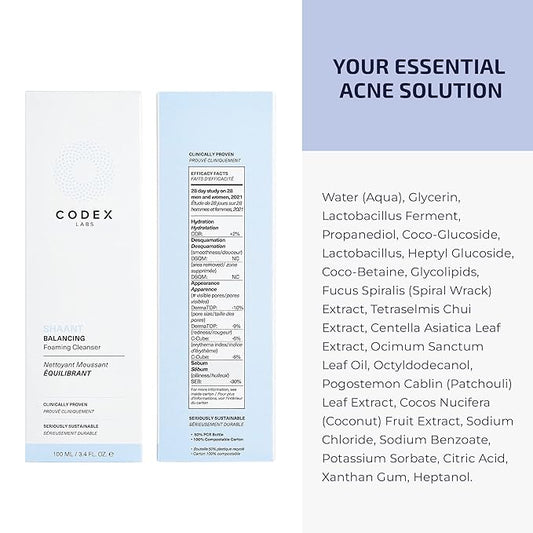Codex Labs Shaant Balancing Foaming Face Cleanser - Oil Control & Pore Minimizer for Acne-Prone, Oily & All Skin Types - Micellar Water, Oil-Free, Vegan & Cruelty-Free (3.4 oz)