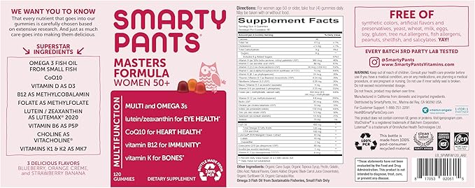 SmartyPants Multivitamin Gummy for Women 50 and Over: Omega 3 Fish Oil (EPA/DHA), Methylfolate, CoQ10, Vitamin D3, C, Vitamin B12, B6, A, K & Zinc, Biotin, Gluten Free, 120 Count (30 Day Supply)
