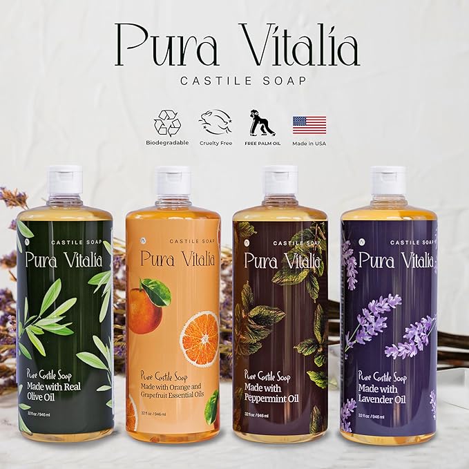 Peppermint Organic Castile Soap | Body Wash & Cleanser for Face & Hands | Biodegradable, Eco-Friendly, Palm Oil Free, Vegan & Gentle | Made with 6 Natural Ingredients - 32 oz