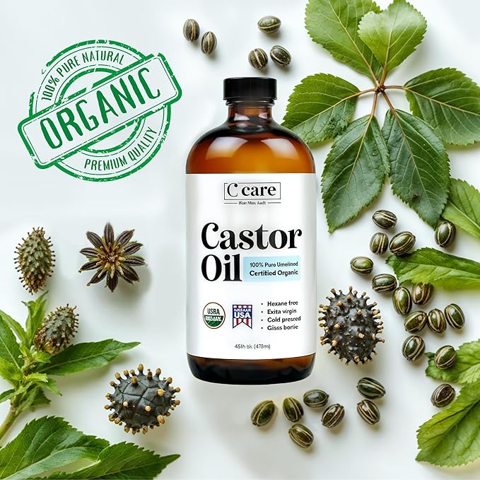 Castor Oil 100% Pure Organic Cold Pressed Unrefined Glass Bottle | USDA Certified Organic | Hexane Free Extra Virgin | For Hair Growth Eyebrows Eyelashes Skin and Castor Oil Pack Wrap | 16oz