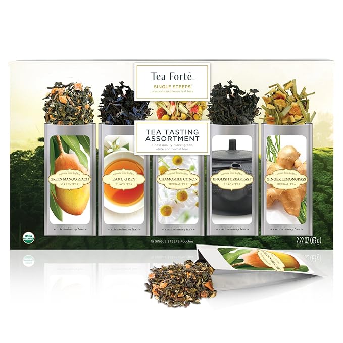 Tea Forte Tea Tasting Assortment Single Steeps Loose Leaf Premium Tea Gift Set Sampler, 15 Count 3 of Each Assorted Blends, Pre-Portioned Single Serve Pouches, Steeps 12 oz