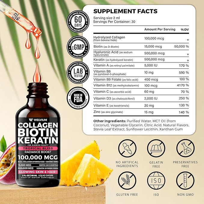 Liquid Biotin and Collagen Peptide Complex with Keratin, Hyaluronic Acid, MCT Oil, Zinc, Vitamins B6, B7, B12, A, C, D3, E - Hair Growth, Skin, and Stronger Nails Supplement for Women and Men