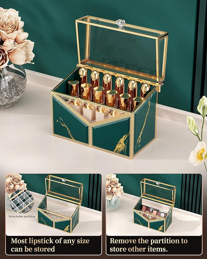 Glass Lipstick Organizer, 18-Slot Green Vanity Makeup Holder for Lipsticks & Nail Polish, Removable Dividers, Vintage Cosmetic Storage Display Box