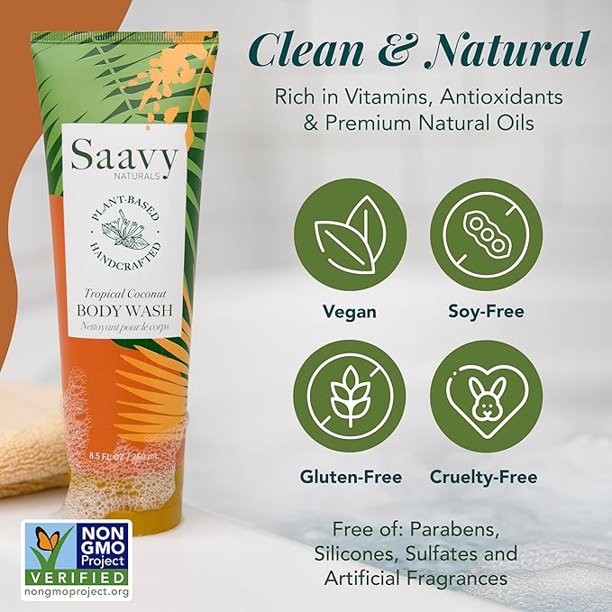 Body Wash Tropical Coconut Saavy Naturals - Plant-Based Ingredients - Made In Usa - Sensitive Skin Body Wash, l Organic & Vegan Formula With Coconut Oil, Shea Butter, And Aloe Vera - 8.5 Fl Oz,