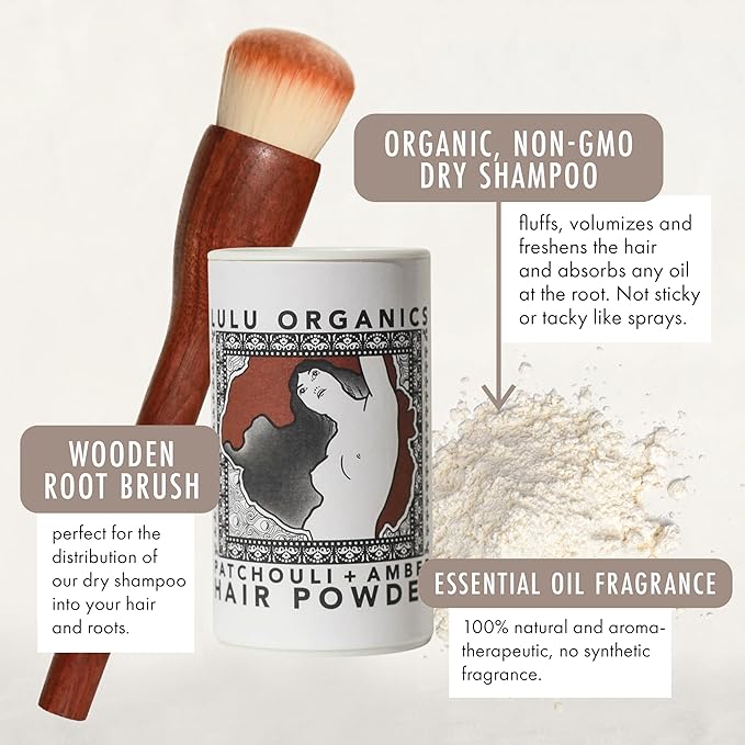 Non-Aerosol Dry Shampoo Powder with Hair Brush for Dark, Blonde and Oily Hair, All Natural Organic Body Powder, Paraben & Talc free No White Cast Synthetic Fragrance, Patchouli & Amber - 1oz