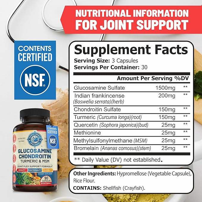 Advanced Joint Support Supplement with Glucosamine Chondroitin MSM Turmeric Boswelia. Supports Inflammatory Response, Discomfort Relief for Knees Hands Back & Joints. NSF Certified, USA Made. 90 Count