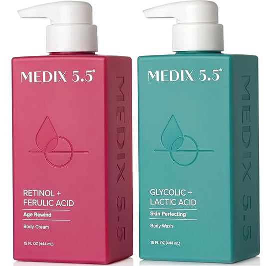 Medix 5.5 Exfoliating AHA Glycolic Acid Face & Body Wash Cleanser + Retinol Moisturizing Body Cream Lotion Skin Care 2PC Set | Alpha Hydroxy Acid & Lactic Acid Foaming Face Wash, 2-PC