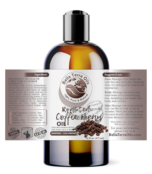 Bella Terra Oils - Roasted Coffee Bean Oil 16oz - Bask in the Richness of Coffee Bean Oil for Skin, Infused with Vitamin E, The Pinnacle of Skin Nourishment