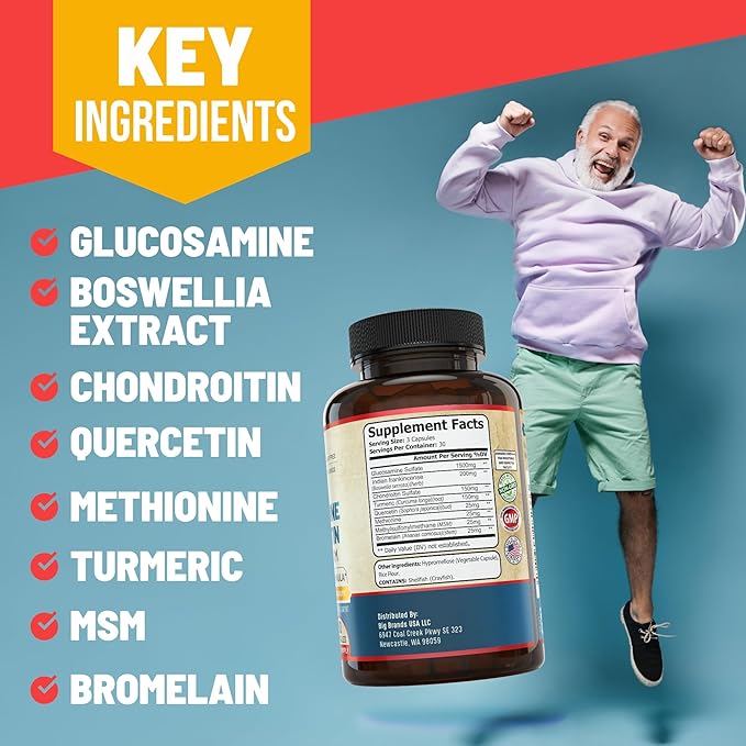Advanced Joint Support Supplement with Glucosamine Chondroitin MSM Turmeric Boswelia. Supports Inflammatory Response, Discomfort Relief for Knees Hands Back & Joints. NSF Certified, USA Made. 90 Count