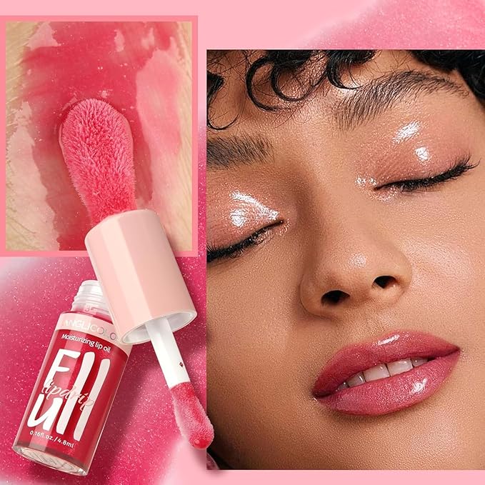 2PC Lip Oil and Metallic Glitter Pink Lipstick,Natural Lip Plumper,Fruit Flavoured Lip Oil,For Dry Lip's Moisturizing Hydrating,Vegan & Cruelty-free (06 Gaia+15)