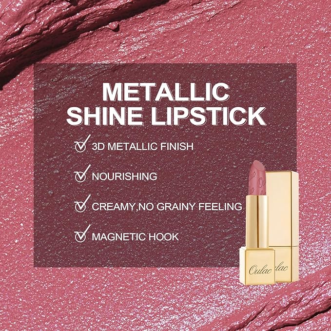 Oulac Matte Mauve Pink Lipstick with Glow Metallic Finish - Vegan Lipstick for Women, Creamy Texture, Hydrating Clean Beauty Formula, High-End Magnetic Hook Design, GM04 Mauve Babe