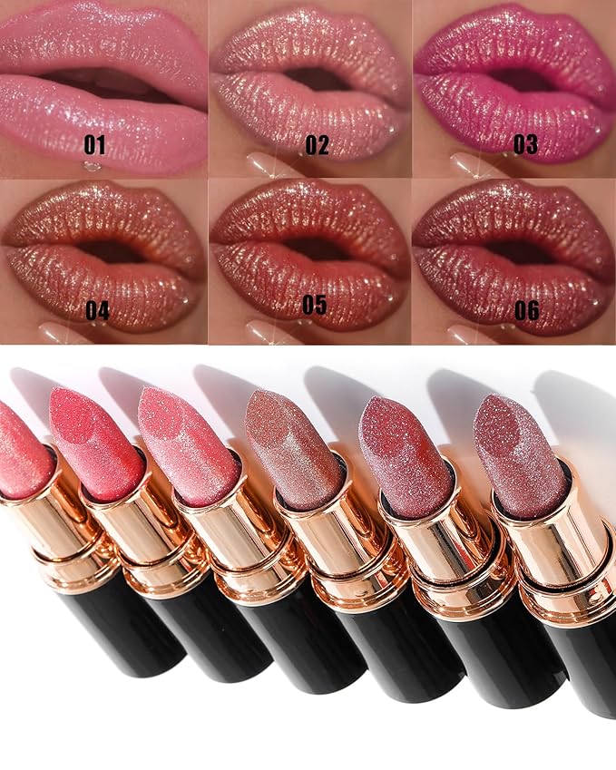 Red Metallic Glitter Lipstick Long Lasting, Diamond Nude Shimmer Lip Gloss High Pigmented Brown Matte Lip Stick for Women, Sparkling Shiny Transfer Proof Non Stick Tinted Lip Color Balm Makeup-05
