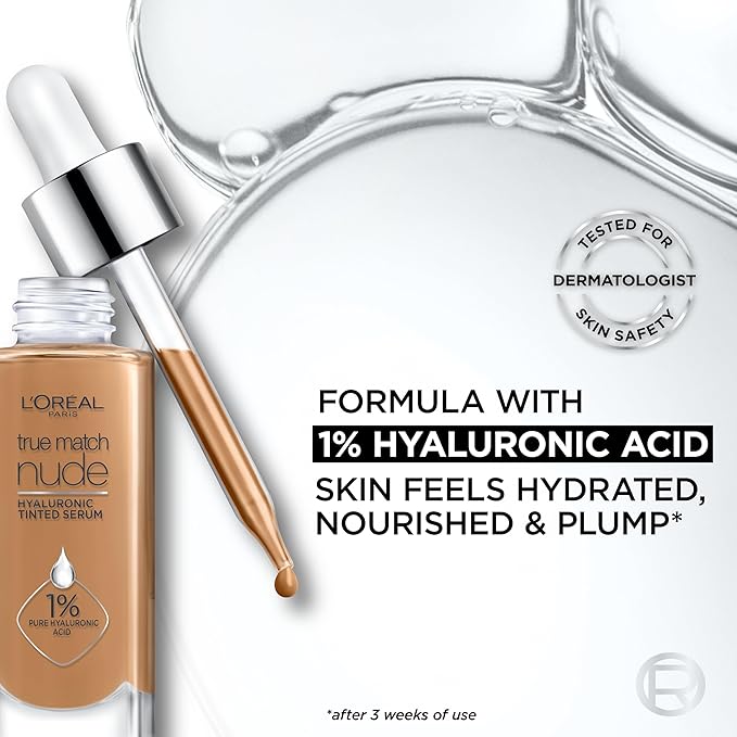 L'Oreal Paris True Match Nude Hyaluronic Tinted Serum Foundation with 1% Hyaluronic acid, Rosy Light 1-2.5, 1 fl. oz.